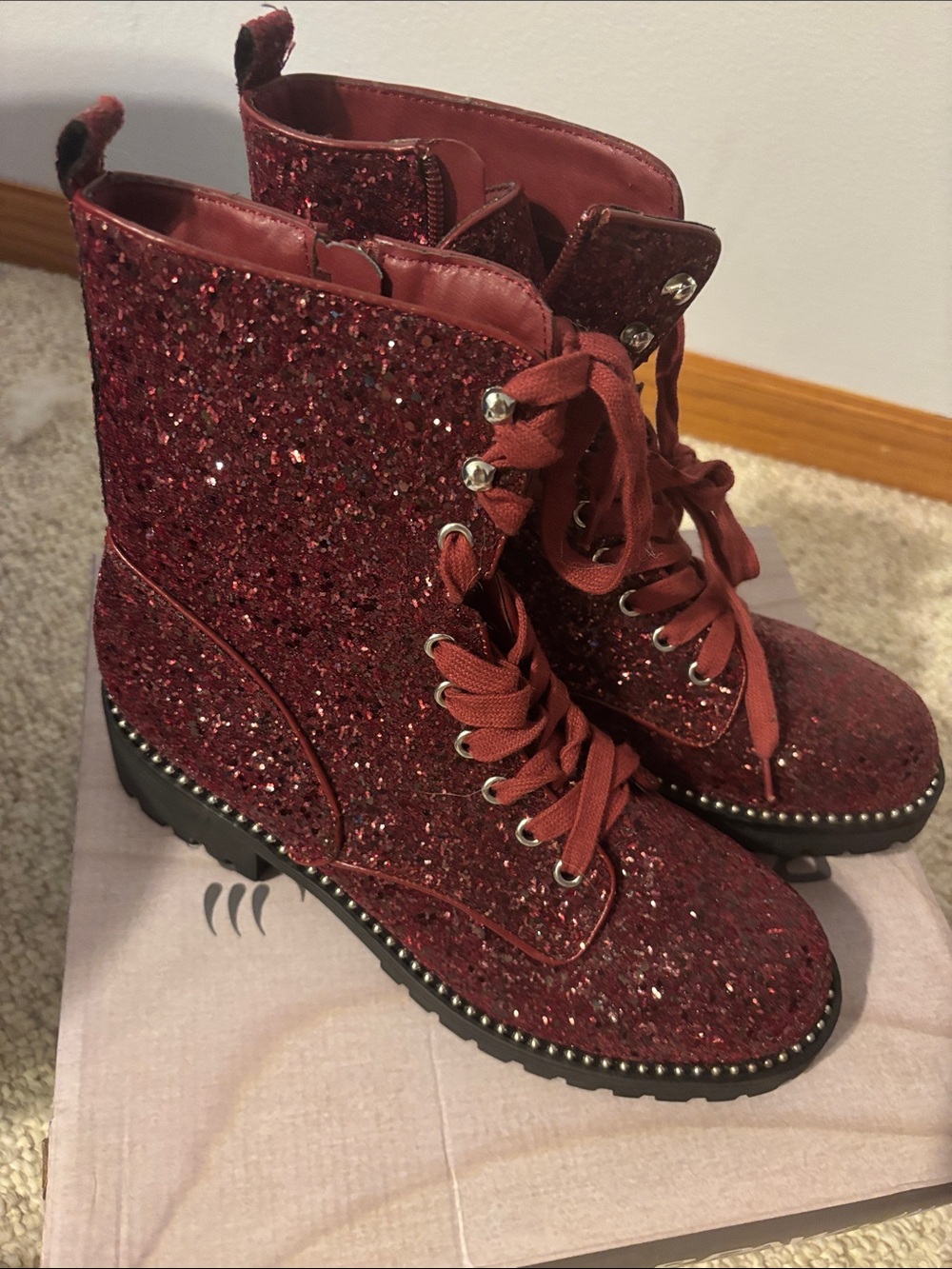Women's Burgundy Glitter Lace-Up Ankle Boots